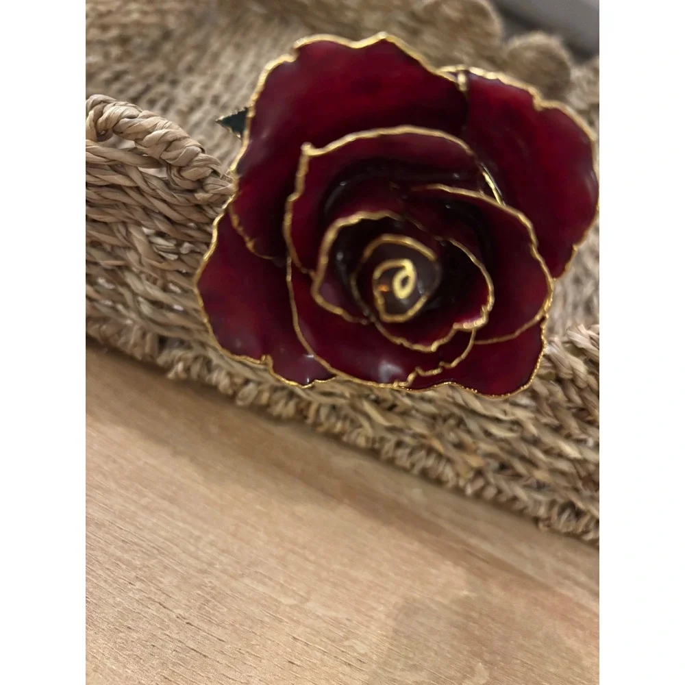 24k Gold Dipped Real Rose Red Lacquer Preserved Long Stem Gold Trim Ornament